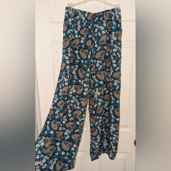 Navy Blue Wide Leg Pants with Vibrant Floral Print - Picture 1 of 3